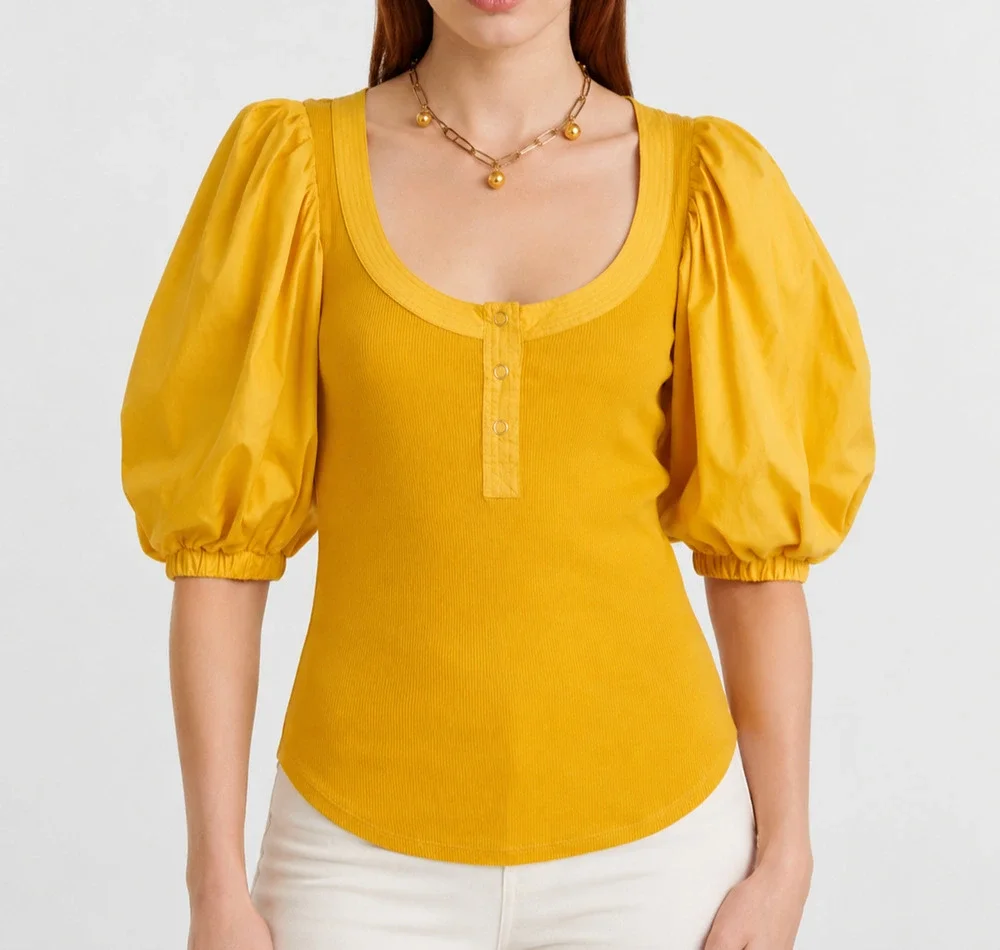 Ulla Johnson Janette Ribbed Puff Sleeve Knit Top Yellow Women's Small